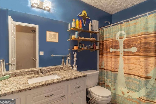 204 Queensbury Ct, Acworth, GA 30102 - bathroom with vanity, a textured ceiling, toilet, and a shower with curtain