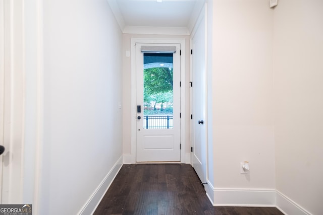 915 Katie Kerr Dr, Decatur, GA 30030 - doorway featuring baseboards, dark wood finished floors, and ornamental molding