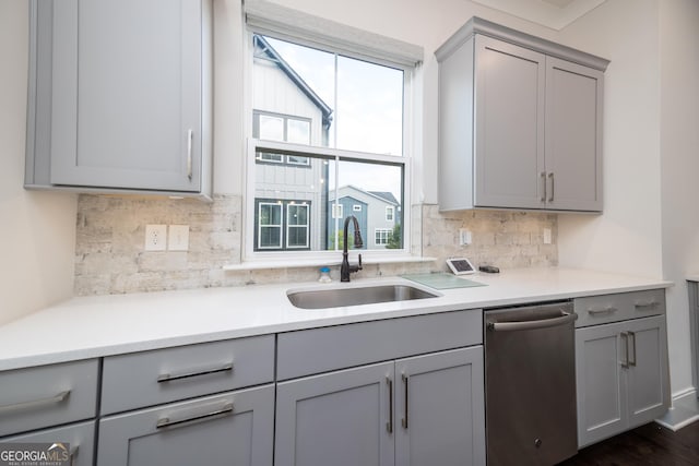 915 Katie Kerr Dr, Decatur, GA 30030 - kitchen with a sink, gray cabinets, backsplash, and dishwasher
