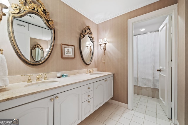 2660 Peachtree Rd Unit 7F, Atlanta, GA 30305 - full bathroom featuring a sink, tile patterned floors, ornamental molding, and double vanity