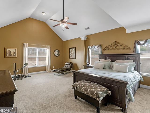 bedroom with ceiling fan, light colored carpet, high vaulted ceiling, baseboards, and visible vents