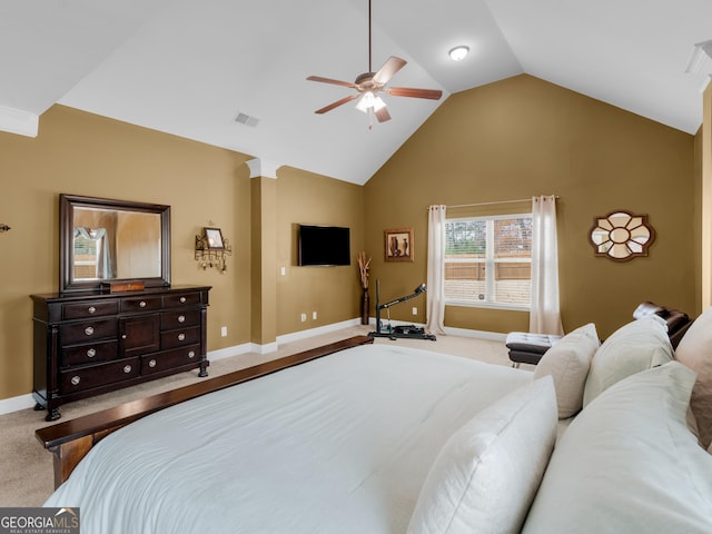 carpeted bedroom with visible vents, baseboards, ceiling fan, and high vaulted ceiling