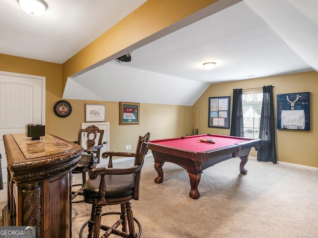 playroom with pool table, baseboards, vaulted ceiling, and carpet