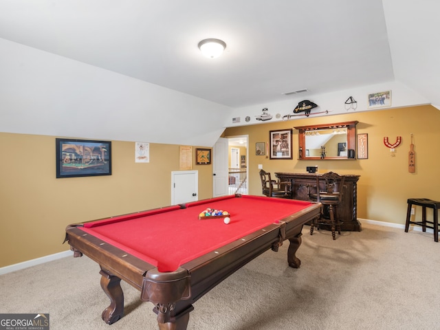 rec room with visible vents, a bar, billiards, carpet, and vaulted ceiling