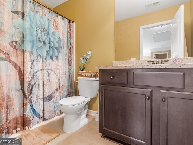 bathroom with visible vents, vanity, curtained shower, toilet, and tile patterned floors