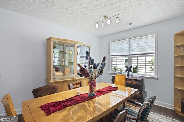 35 Timber Ln, Newnan, GA 30265 - dining room featuring wood finished floors, a textured ceiling, and rail lighting