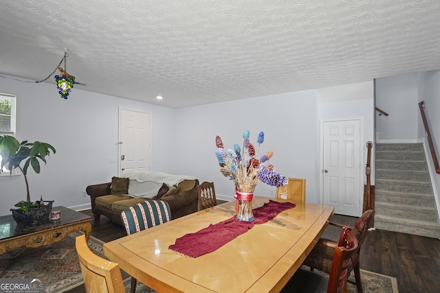 35 Timber Ln, Newnan, GA 30265 - dining room featuring dark wood-style flooring, a textured ceiling, stairway, and recessed lighting
