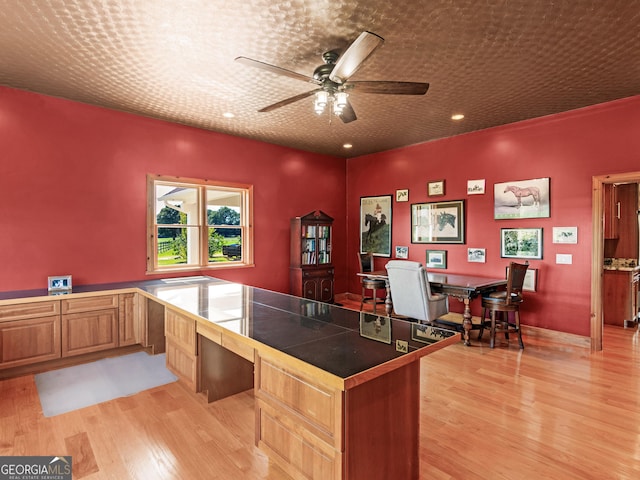 office featuring light wood-style floors, recessed lighting, and ceiling fan