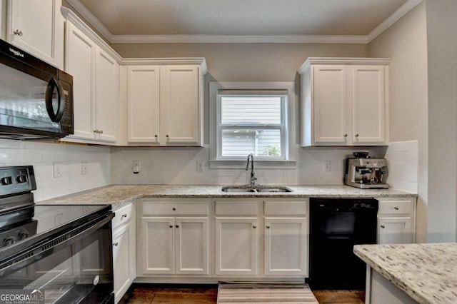 6468 Pierless Ave, Sugar Hill, GA 30518 - kitchen with a sink, decorative backsplash, black appliances, and white cabinetry
