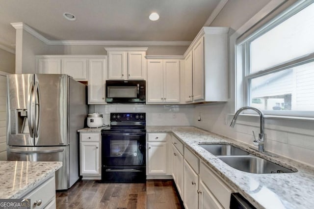 6468 Pierless Ave, Sugar Hill, GA 30518 - kitchen with crown molding, white cabinetry, a sink, and black appliances