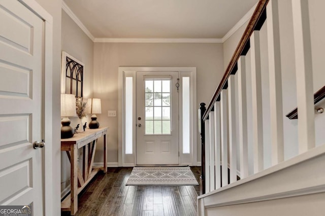 6468 Pierless Ave, Sugar Hill, GA 30518 - foyer entrance with baseboards, ornamental molding, dark wood finished floors, and stairway