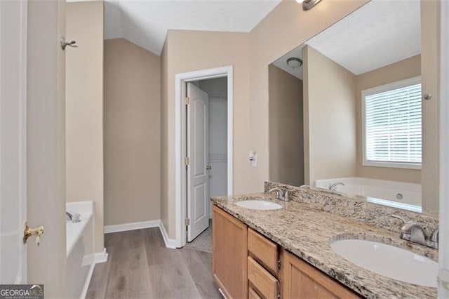 145 Tara Way, Covington, GA 30016 - bathroom featuring a garden tub, wood finished floors, double vanity, and lofted ceiling