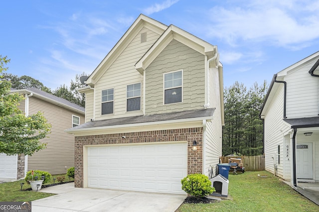 view of front of home featuring fence, brick siding, concrete driveway, a garage, and a front yard