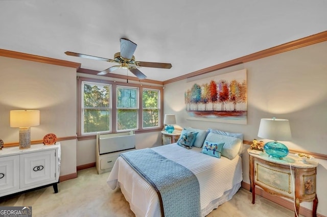 bedroom featuring baseboards, ornamental molding, and ceiling fan