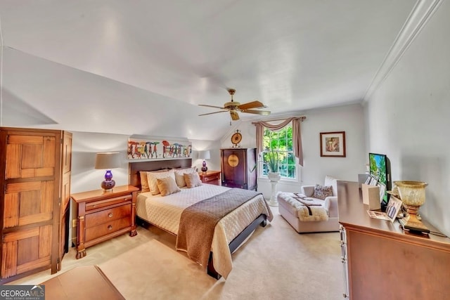 bedroom featuring ornamental molding, a ceiling fan, and vaulted ceiling