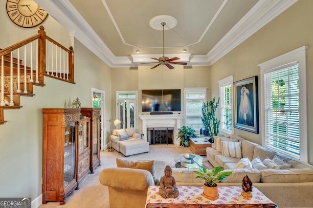 carpeted living room featuring crown molding, a high ceiling, ceiling fan, a fireplace, and stairs