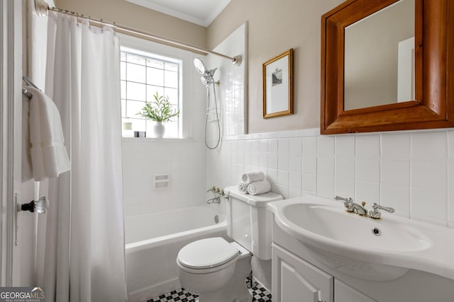 full bathroom with crown molding, tile walls, shower / tub combo, vanity, and toilet
