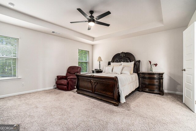 496 River Run Dr, Dallas, GA 30132 - bedroom with a raised ceiling, baseboards, light carpet, and a ceiling fan