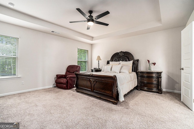 496 River Run Dr, Dallas, GA 30132 - bedroom with a raised ceiling, light carpet, and a ceiling fan