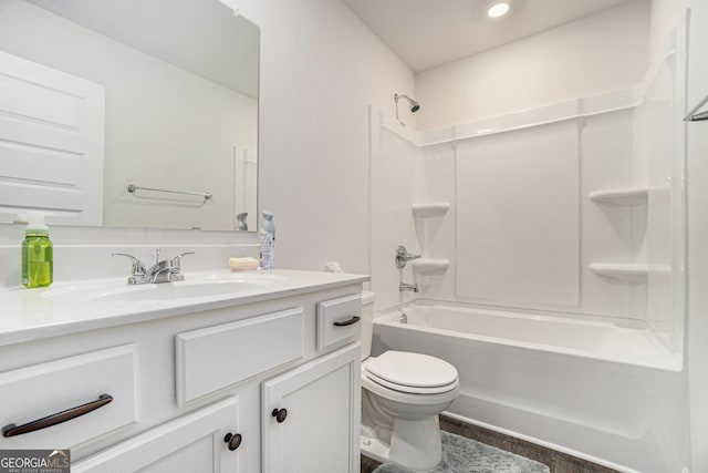 496 River Run Dr, Dallas, GA 30132 - full bathroom with toilet, vanity, shower / bathtub combination, and recessed lighting