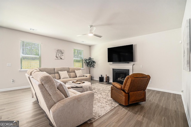 496 River Run Dr, Dallas, GA 30132 - living room featuring wood finished floors, baseboards, a glass covered fireplace, and a ceiling fan