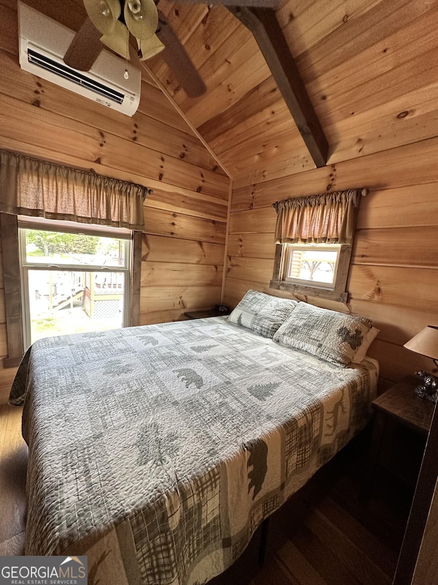 bedroom featuring wood walls, wood finished floors, a wall unit AC, wooden ceiling, and lofted ceiling with beams