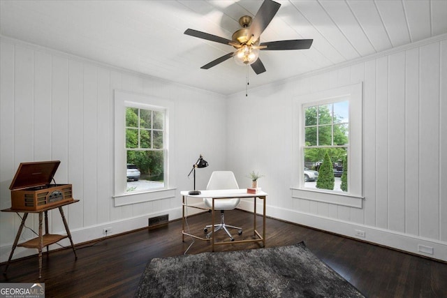 6104 Floyd St NE, Covington, GA 30014 - home office with ornamental molding, healthy amount of natural light, wood finished floors, and baseboards