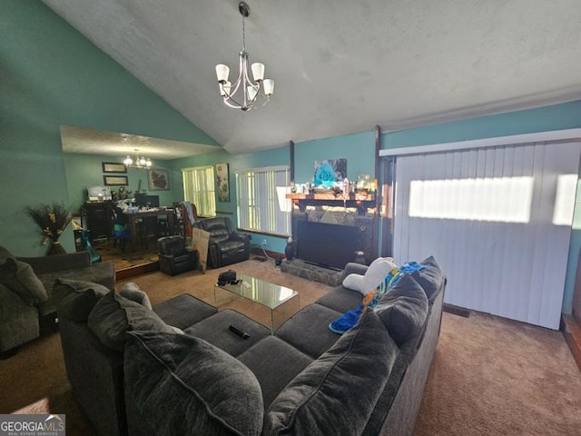 carpeted living room featuring lofted ceiling and a notable chandelier
