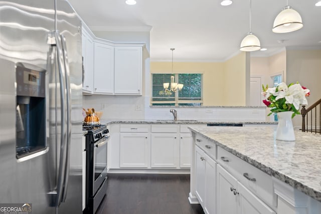 3231 Chutney Ct, Avondale Estates, GA 30002 - kitchen with backsplash, a sink, an inviting chandelier, stainless steel appliances, and dark wood-type flooring