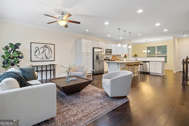 3231 Chutney Ct, Avondale Estates, GA 30002 - living area featuring ornamental molding, dark wood-style flooring, baseboards, recessed lighting, and a ceiling fan