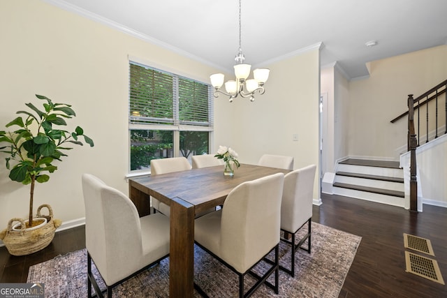 3231 Chutney Ct, Avondale Estates, GA 30002 - dining area featuring stairs, crown molding, an inviting chandelier, and wood finished floors