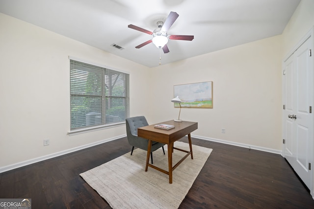 3231 Chutney Ct, Avondale Estates, GA 30002 - office area with baseboards, a ceiling fan, wood finished floors, and visible vents
