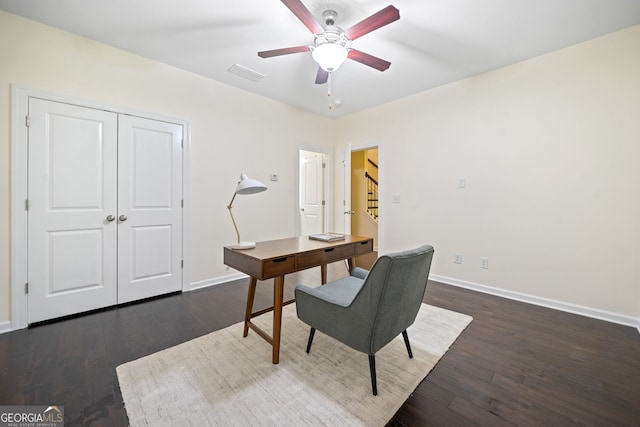 3231 Chutney Ct, Avondale Estates, GA 30002 - office with visible vents, a ceiling fan, baseboards, and dark wood finished floors