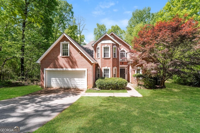 traditional home with brick siding, driveway, and a front yard