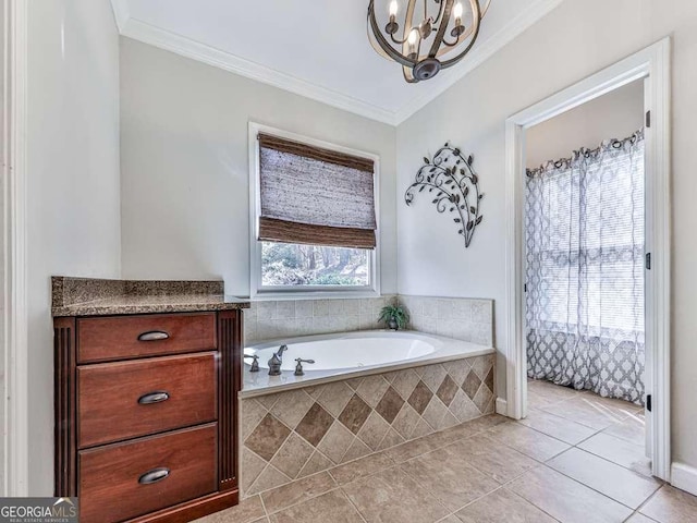 full bathroom with crown molding, tile patterned floors, a chandelier, and a bath