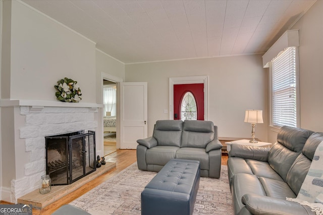 2327 Redwood Dr, Augusta, GA 30904 - living area with a stone fireplace, ornamental molding, and light wood finished floors