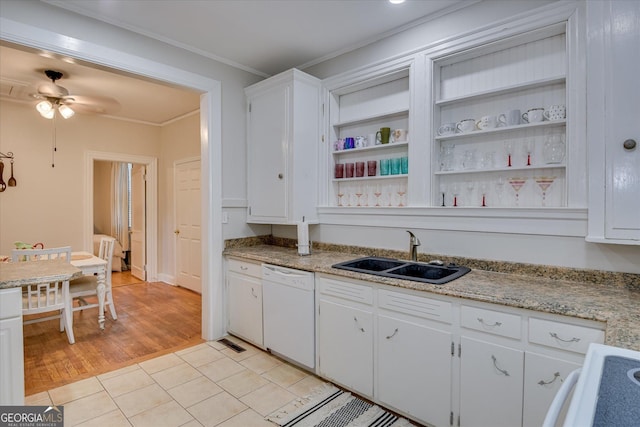 2327 Redwood Dr, Augusta, GA 30904 - kitchen featuring crown molding, a ceiling fan, white cabinets, a sink, and dishwasher