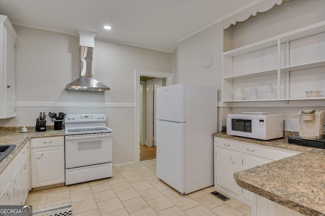 2327 Redwood Dr, Augusta, GA 30904 - kitchen with crown molding, open shelves, wall chimney exhaust hood, white appliances, and light tile patterned flooring