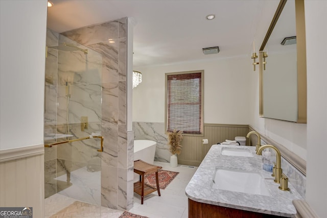 2327 Redwood Dr, Augusta, GA 30904 - bathroom featuring a sink, a marble finish shower, a wainscoted wall, and ornamental molding