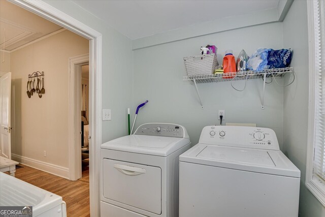 2327 Redwood Dr, Augusta, GA 30904 - laundry room with laundry area, light wood-style floors, attic access, baseboards, and separate washer and dryer