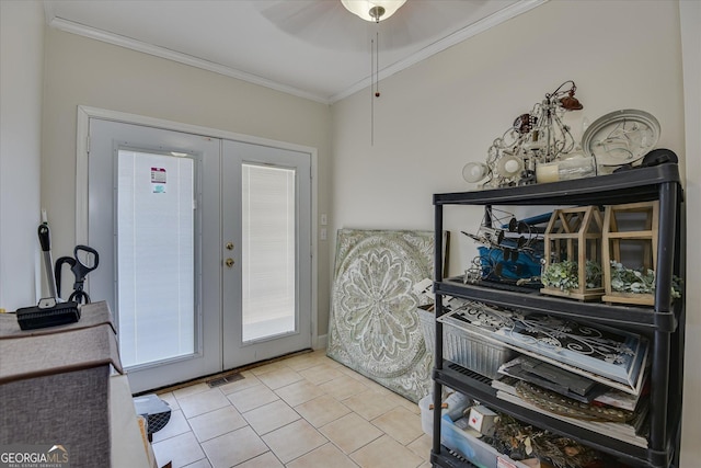 2327 Redwood Dr, Augusta, GA 30904 - foyer entrance featuring crown molding, visible vents, ceiling fan, tile patterned floors, and french doors