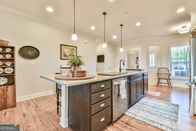 5641 Tisbury Ct, Hoschton, GA 30548 - kitchen featuring an island with sink, baseboards, dark brown cabinets, and dishwasher