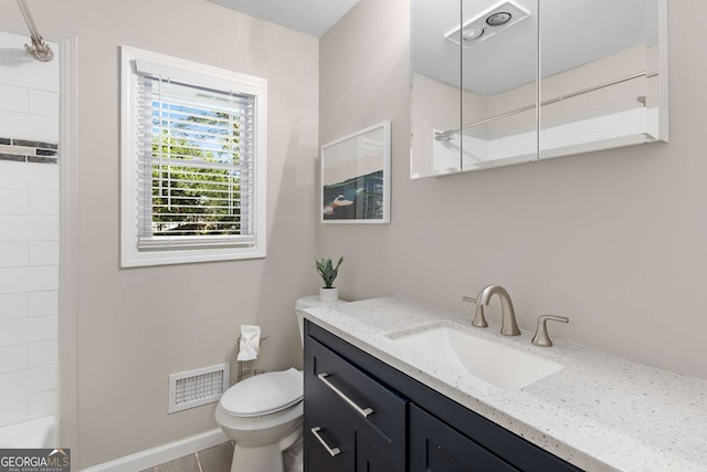 full bathroom featuring toilet, visible vents, and vanity