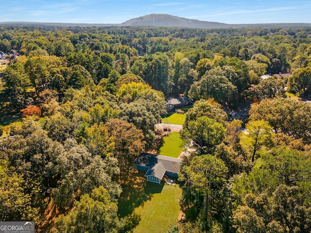 drone / aerial view featuring a mountain view and a forest view
