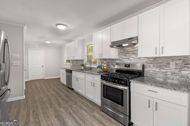 kitchen featuring white cabinets, stainless steel appliances, decorative backsplash, under cabinet range hood, and ornamental molding