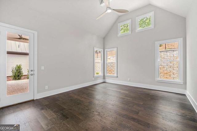 7285 Cordery Rd, Cumming, GA 30040 - interior space with baseboards, dark wood-style flooring, ceiling fan, and high vaulted ceiling