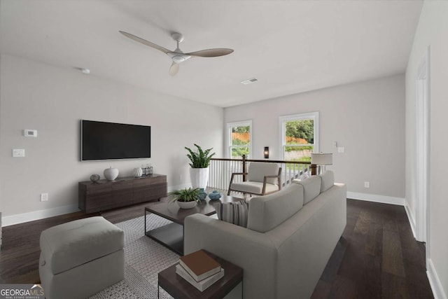7285 Cordery Rd, Cumming, GA 30040 - living room featuring a ceiling fan, baseboards, visible vents, and dark wood-style floors