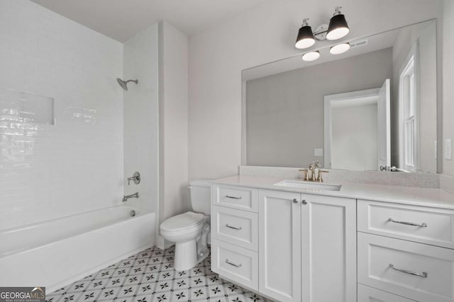 7285 Cordery Rd, Cumming, GA 30040 - bathroom with toilet, tile patterned floors, shower / tub combination, and vanity