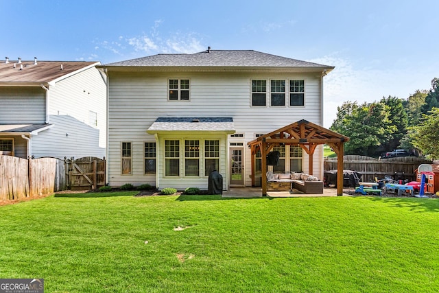 301 Downing Creek Trl, Canton, GA 30114 - rear view of property with outdoor lounge area, a gate, a patio area, a gazebo, and a shingled roof
