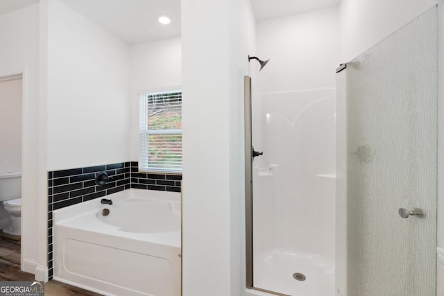 830 Dixon Dr, Gainesville, GA 30501 - bathroom with a stall shower, toilet, and a garden tub